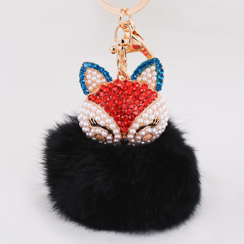 Wholesale Diamond Fox Head Rabbit Hair Hairball Zinc Alloy Keychains